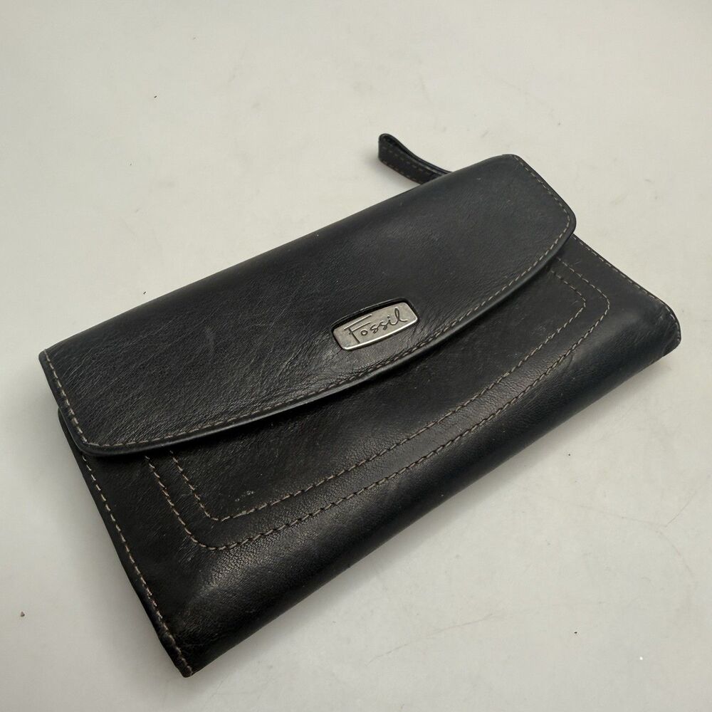 Fossil Black Leather Long Checkbook Card Holder Organizer Wallet Billfold - Picture 12 of 16